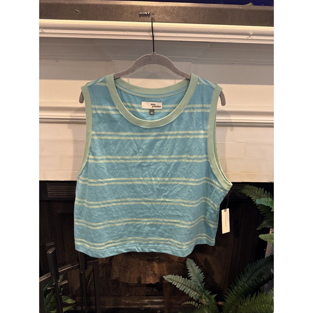 NWT Anthropologie Daily Practice Crew Tank Top Green And Blue Stripped